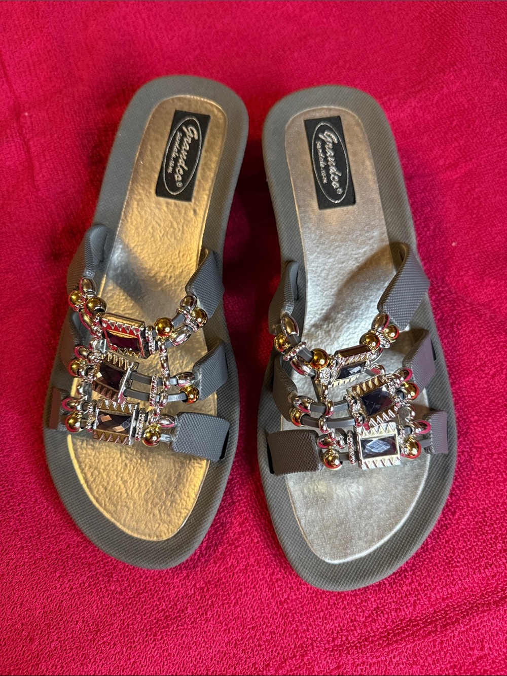 Grendha Embellished Gray Slide Sandals